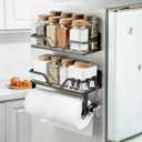 SUNTECH Magnetic Paper Towel Holder with Shelf, 2 Pack Kitchen Roll Holder with 4 Hooks, Farmhouse Spice Rack Organizer Strong Magnets for Fridge, Grill, Black