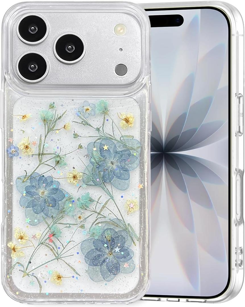 for iPhone 17 Pro Max Case Clear with Real Pressed Blue Flowers Design, Glitter Cute Bling Sparkle Girly Women Aesthetic Shockproof Protective Dried Floral Transparent Phone Cover (Violet)