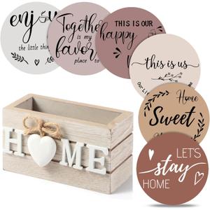 Queekay Coasters Set of 6 House Warming Gifts New Home Wooden Farmhouse Drink Coasters with Holder 4'' Funny Decoration for Kitchen Family Coffee Bar Tabletop Protection(Light Brown)