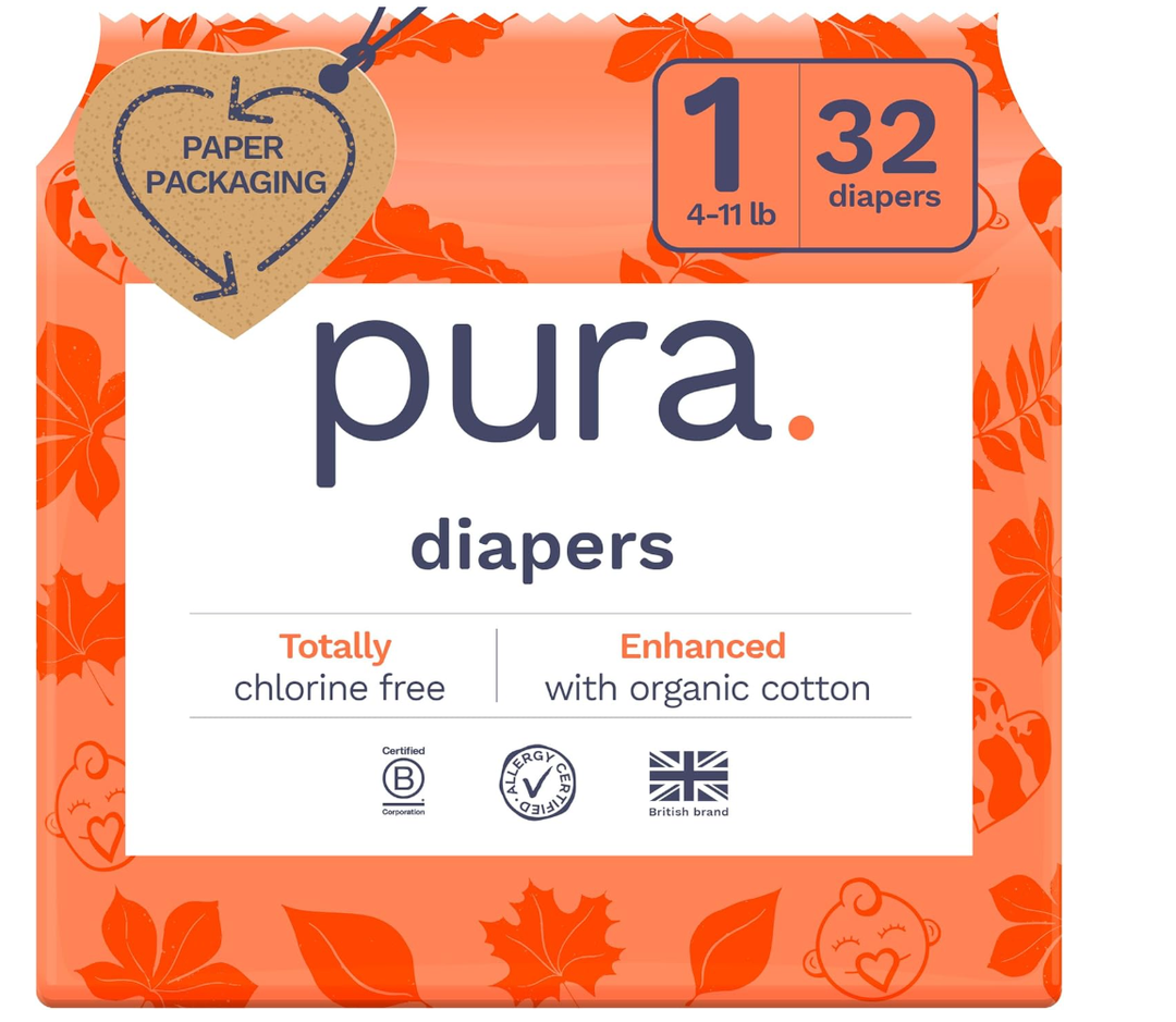 Pura Hypoallergenic Diapers, Size 1 (4-11 lbs), Newborn, Totally Chlorine Free, Wetness Indicator, Suitable for Sensitive Skin, Soft Organic Cotton Comfort, Overnight, 1 Pack of 32 Baby Diapers 