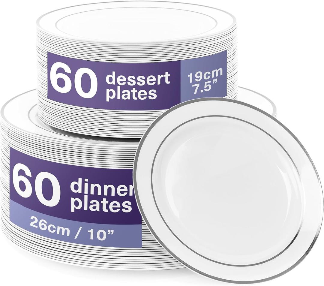 MATANA 120 Silver Plastic Plates for Party - Reusable, Elegant 60 Dinner (10.25 Inch) 60 Dessert (7.5 Inch) Plates Disposable Heavy Duty with White and Silver Rim for Weddings and Christmas Parties