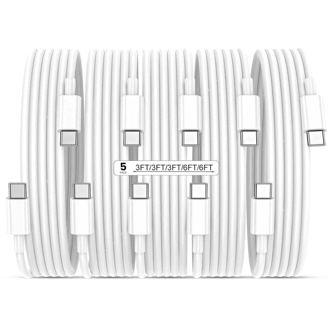 USB C Cable, 5 Pack(3ft/3ft/3ft/6ft/6ft)60W Fast Charging Cord Type C, USBC to USBC Cable Compatible with iPhone 17/17 Pro Max/17 Pro/17 Air/16/16 Pro/16 Plus/16 Pro Max/15/15 Pro/15 Pro Max (White)