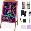 Hosim LED Message Writing Board 32"x24", Standing A-Frame Wooden Message Board Illuminated Erasable Neon Effect Restaurant Menu Sign, 8 Colors Markers, Flashing DIY Message Chalkboard for Shop/Cafe