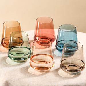 Colored Stemless Glasses Set of 6-17 oz Hand-Blown Crystal Colored Glassware with no Stem, Multicolor Glassware for Lovers, Wedding, Birthday, Mother's Day Housewarming Gifts for Women (6 Pack)