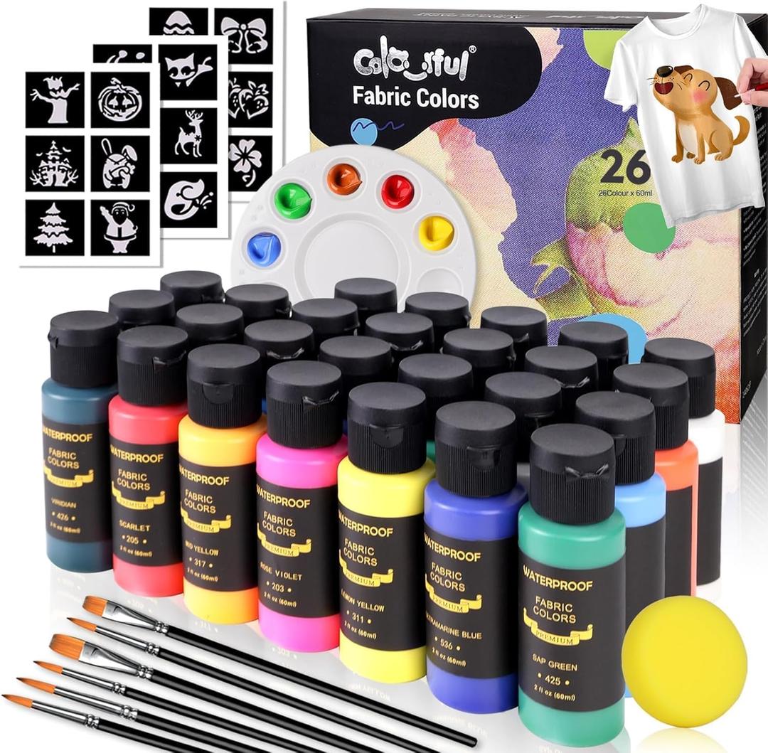 Colorful Fabric Paint Set for Clothes, with 6 Brushes,1 Palette, 26 Colors Permanent Child Safe & Non- Toxic Fabric Paint Kit for T-Shirt, Bags and Cloth Shoes (2 Fl Oz (Pack of 26))
