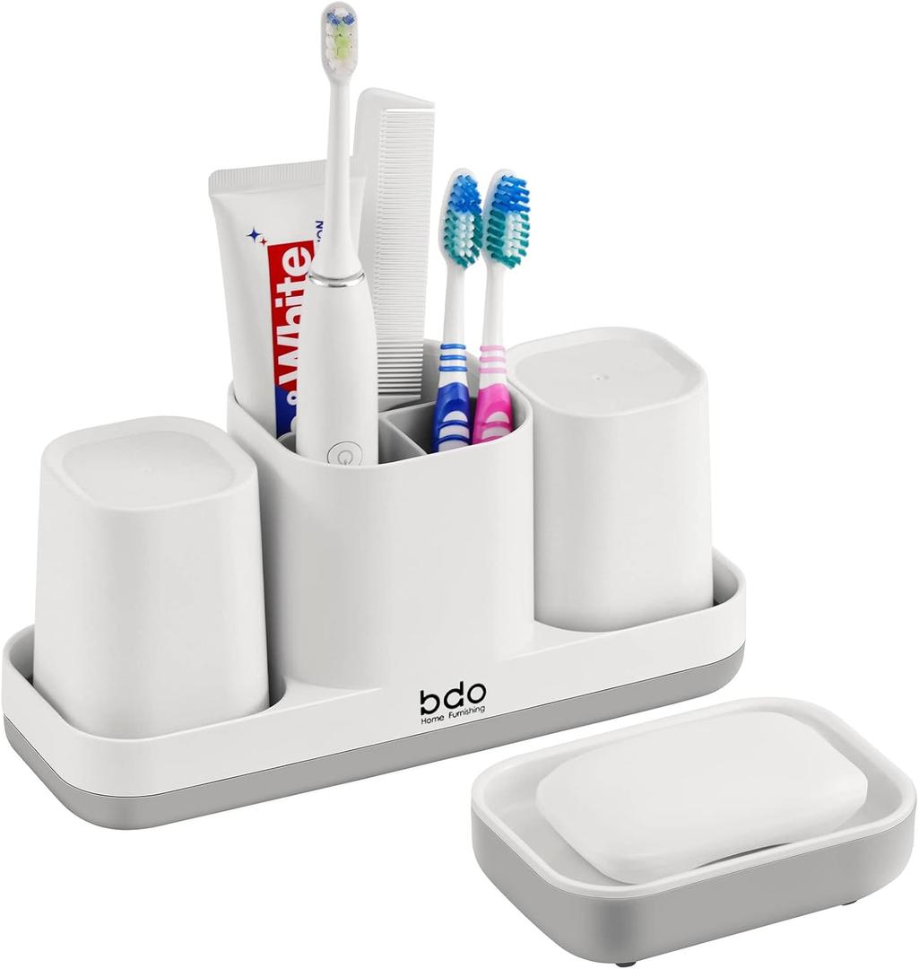 VITVITI Toothbrush Holders for Bathroom, Bathroom Organizer Storage Set with 2 Bathroom Tumblers, for Vanity Countertop/Toothpaste/Kids, 5 Compartments White + Gray Plastic