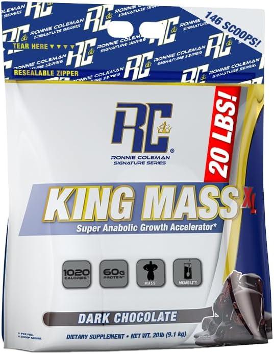 Ronnie Coleman Signature Series King Mass XL Protein Powder, Weight and Muscle Gainer, 60g Protein, 180g Carbohydrates, 1,000+ Calories Per Serving, Creatine and Glutamine (20lb, Dark Chocolate)