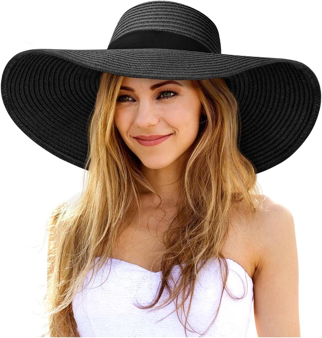 Senker Fashion Sun Hats for Women Oversize Wide Brim Straw Beach Hat Floppy Foldable Roll-Up Summer Vacation UPF 50+, Large