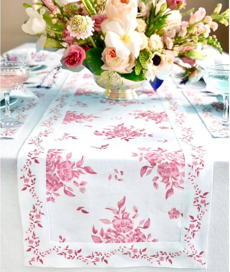Solino Home Pink Floral Table Runner 36 inch - 100% Pure Linen Table Runner 14 x 36 Inch for Summer - Handcrafted and Machine Washable - Jolie Fleur Print