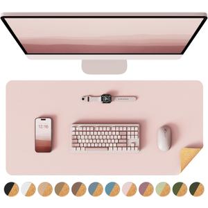 YSAGi Double-Sided Desk Pad, Leather Desk Mat, Eco Cork Desk Pad Protector, Large Mouse Pad for Desk, Waterproof Desk Blotter Pad, Desk Writing Pad for Office Work/Home(23.6"x13.7",Pink+Cork)