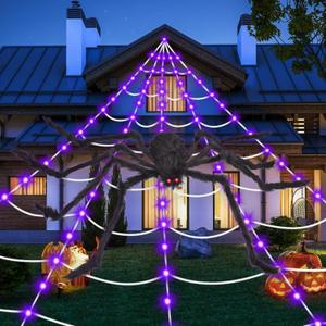 OCATO Halloween Decorations Spider Webs: Spider Web Lights 135 LED Purple Lights 59" Giant Spider Scary Halloween Decorations Outdoor Indoor for Party Garden Home Costumes Yard Haunted House