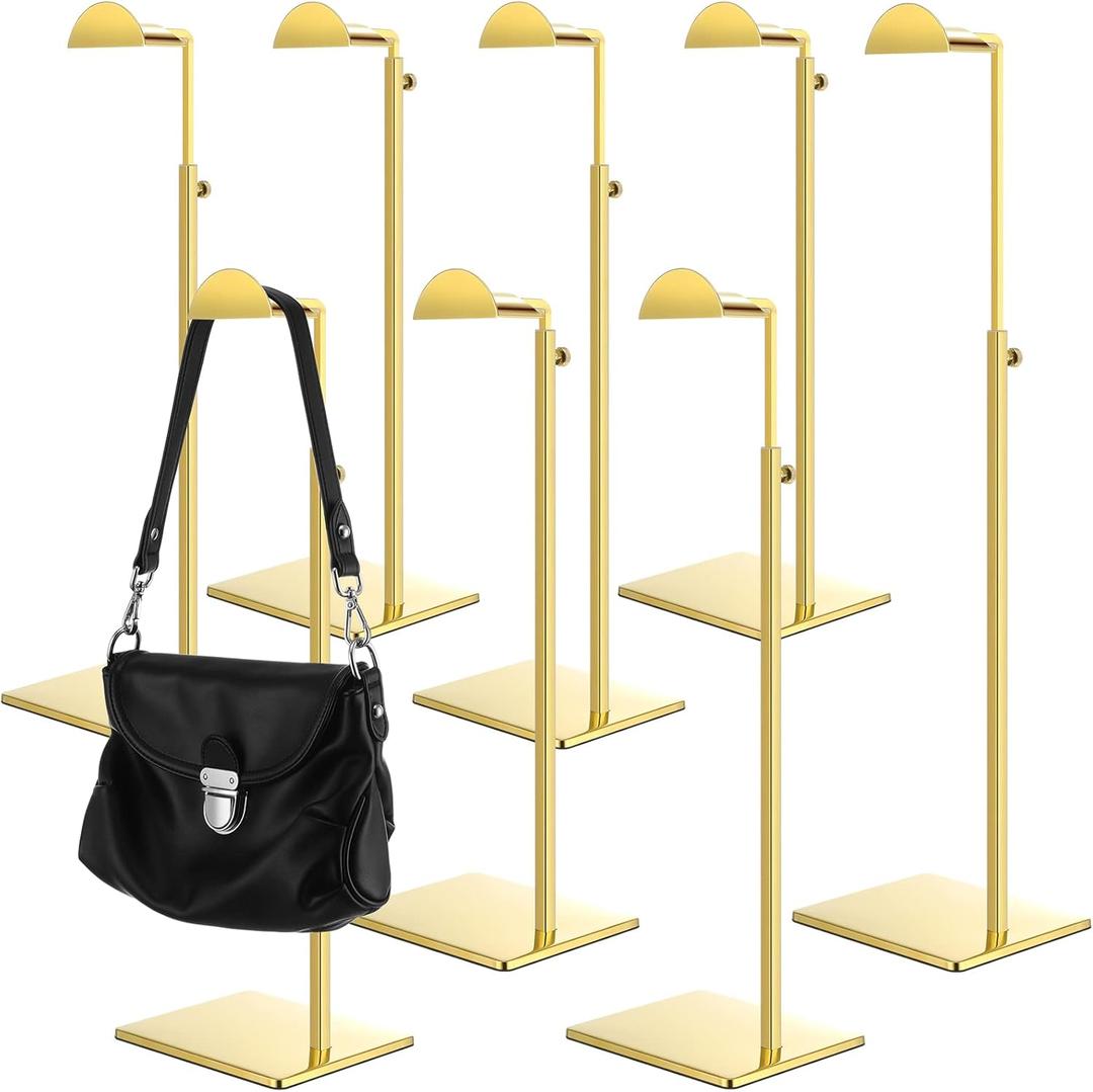 Maitys 8 Pack Gold Purse Display Stands Stainless Steel Adjustable Height Bags Display Rack Metal Handbag Holder Set for Home Store Boutique Counter Retail Floor Props Shelves