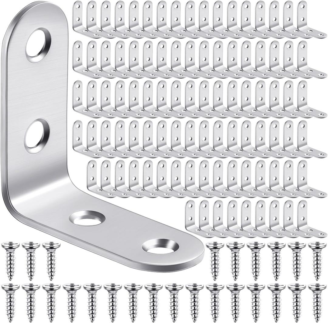 Pelopy 100 Pcs L Shaped Bracket Corner Brace Stainless Steel 90 Degree Corner Brace Heavy Duty Right Angle Bracket for Wood Furniture Chair Drawer Cabinet with Screws (1.57 x 1.57 Inch)