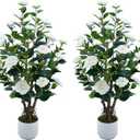 Jcezvnt 2 Pack Artificial Camellia Tree with White Pot, 38" Faux Potted Plants for Indoor Outdoor Decor, Tall Silk Greenery Plant for Home Offce Living Room Balcony, White