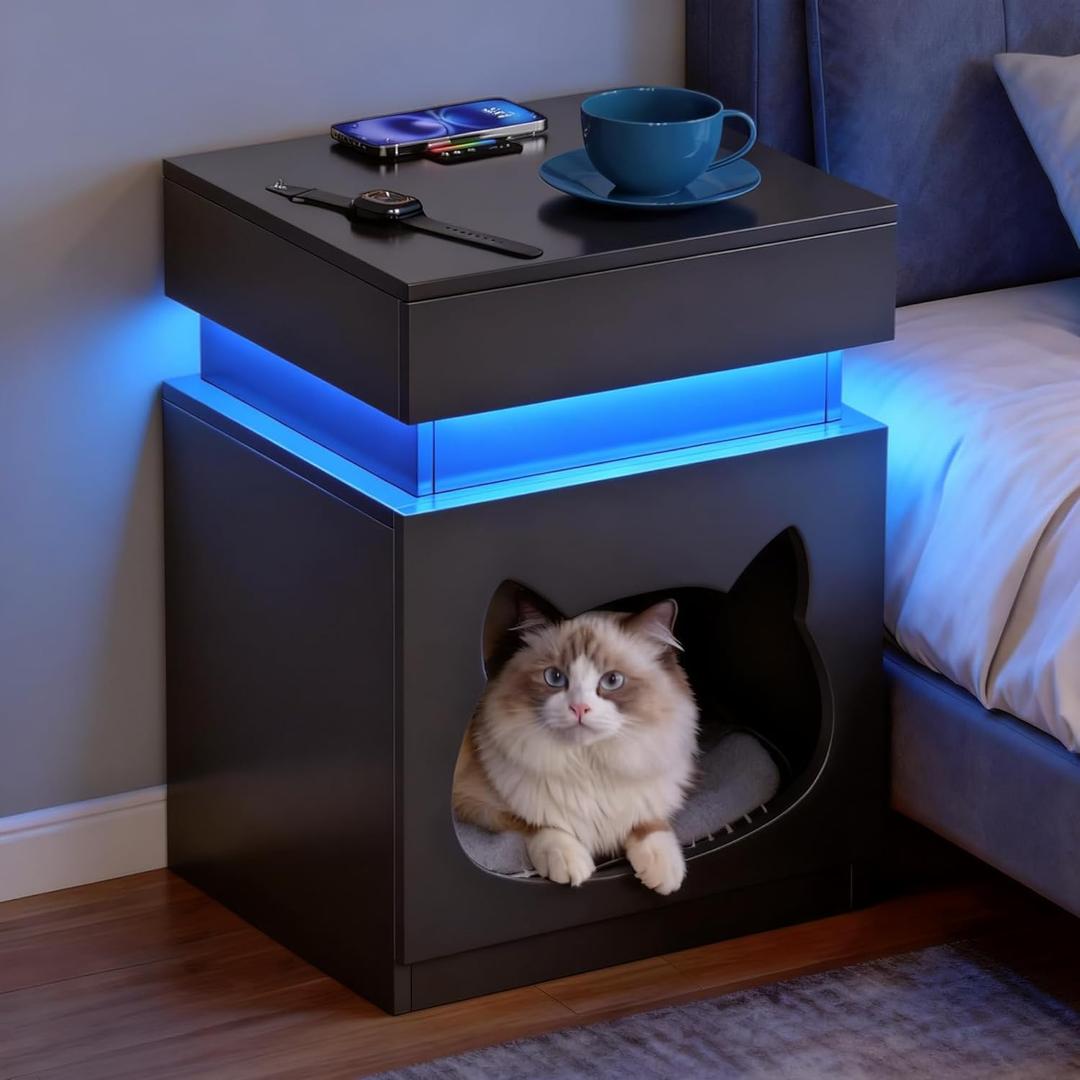Night Stand with Charging Station, Wooden Side Table with Push Pull Drawer and LED Lights, Black End Table with Cat Door for Bedroom, Game Room, Office, Courtyard, Lobby, Hotel