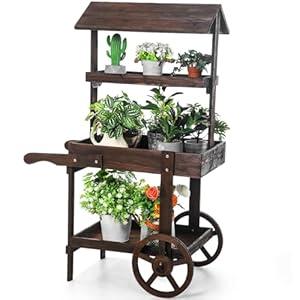 Hanaive Flower Cart Display Stand with Wheels for Bridal Shower Baby Shower Party Large Country Market Vintage Wooden 3 Tier Cart for Display Flower Candy Party Crafted Items (Carbonized Color)