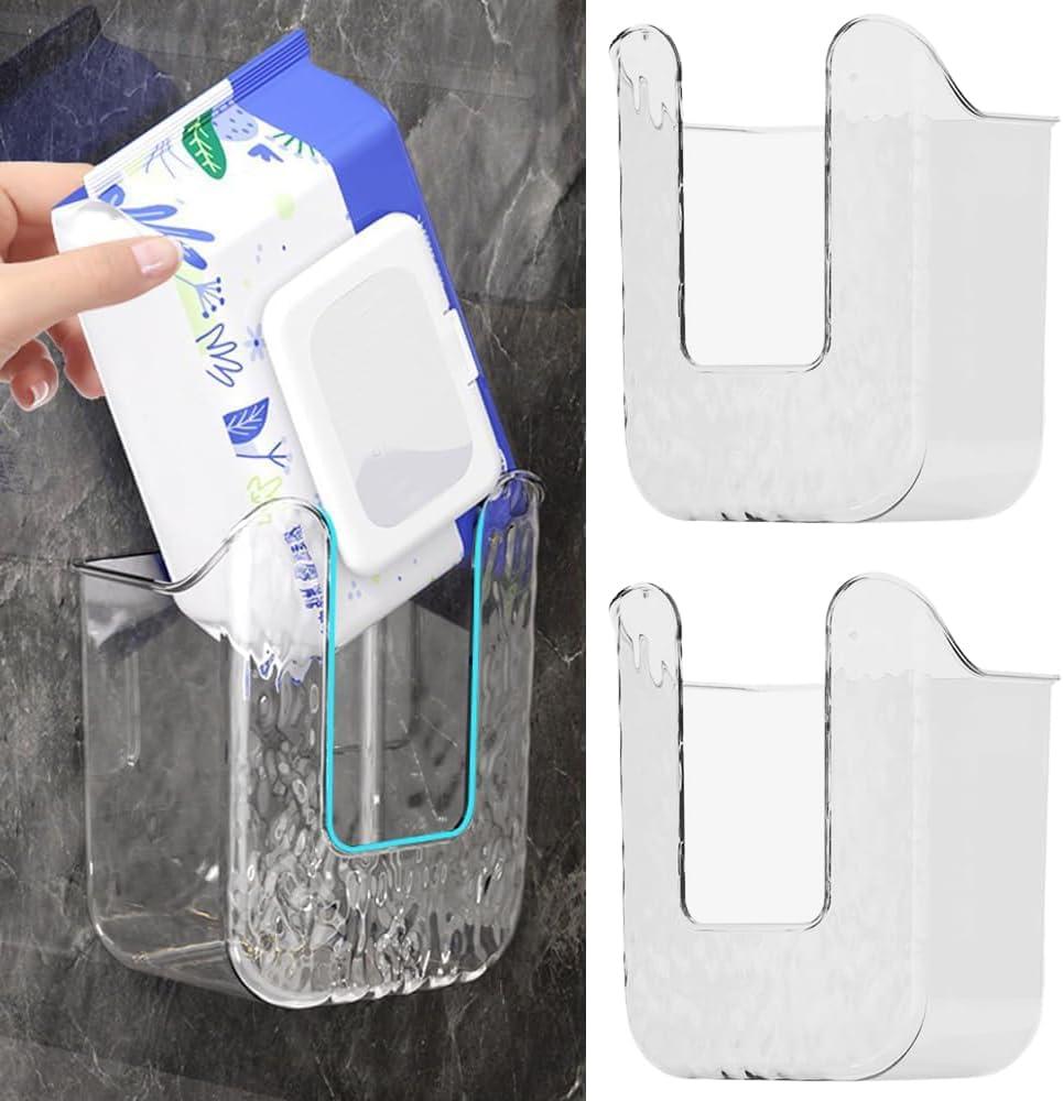 2 x Bathroom Wipes Holder, 2PCS Wall-Mounted Wipe Storage Box, Acrylic Wipes Container with Adhesive Mount for Toilet and Bathroom