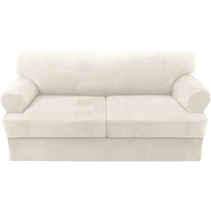H.VERSAILTEX Sofa Cover 3 Piece Loveseat Slipcovers Thick Velvet Couch Cover Furniture Protector Stretch Sofa Covers for 2 Cushion Couch with 2 Individual T Cushion Covers Washable, Ivory