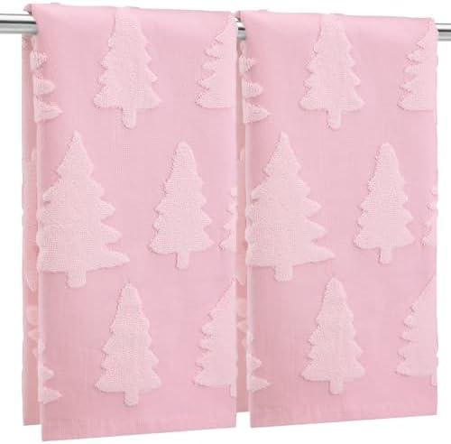 Breling 1 Pcs Christmas Hand Towels Pink Christmas Trees Bathroom Decorative Towels 100% Cotton Absorbent Jacquard Weave Bath Decor Winter Holiday Bathroom Decor Xmas Gifts 13.7''x29.5''