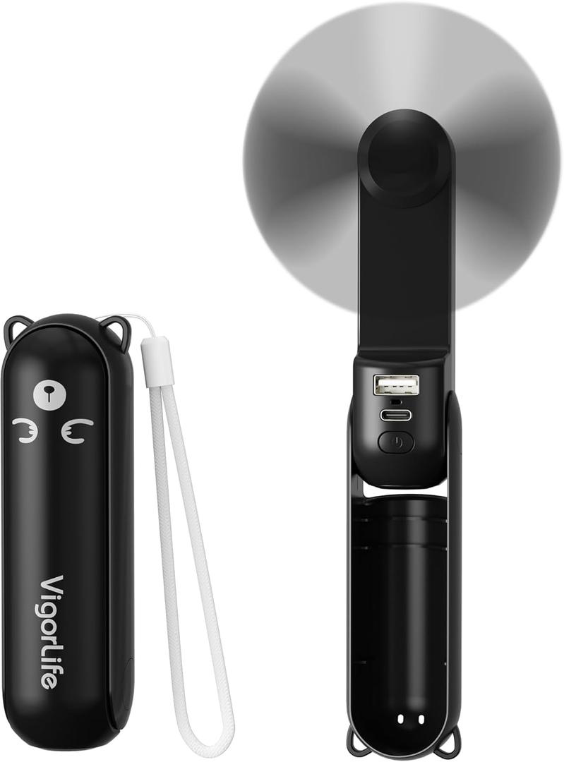 Mini Handheld Fan,USB Rechargeable 3 IN 1 Personal Cooler Fans with Power Bank,LED Flashlight,Small Foldable Portable Pocket Fan-Travel & Emergency Essentials for Outdoor Black