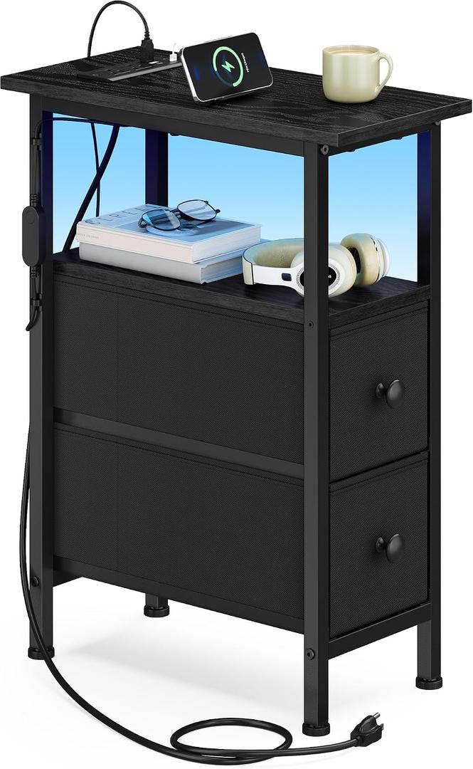 SONGMICS Side Table with LED Light, Narrow End Table with 2 Drawers, Nightstand with Charging Station, Bedside Tables for Small Space, Living Room, Bedroom, Ink Black, BELLAH Collection ULGS002B101, 1 Pack