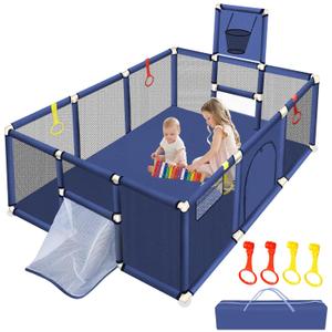 Large Playpen for Babies and Toddlers, 74''50'' Kids Ball Pit, Sturdy Play Yard with Basketball Hoop & Soccer Nets, Children's Fence Play Area with Breathable Mesh, Indoor Outdoor Infant Safety Gate