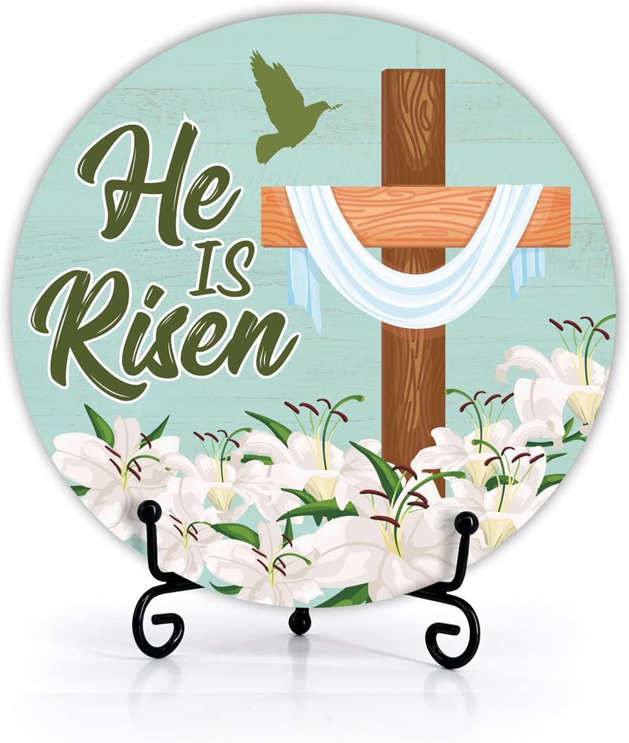 He Is Risen Easter Cross Decor Sign, White Flowers Round Wooden Signs With Stand, Religious Easter Decorations For Home Office Tabletop Shelf, Happy Easter Inspirational Gifts For Christians -02