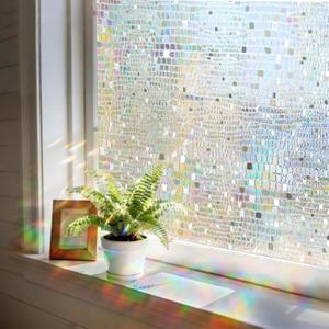 Windimiley Rainbow Window Privacy Film, 3D Stained Glass Christmas Decorative Window Clings, UV Heat Blocking Holographic Prism Stickers for Home(23.6 x 78.7In,Pure), 23.6 x 78.5 Inch