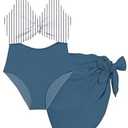 Funnycokid Girls One Piece Swimsuit Size 14-16 Bathing Suit Twist-Knot Blue Stripes Color Block Pad Teen Swimwear with Cover Up Skirt