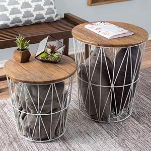 End Tables Set of 2 - Nesting Tables with Removable Wood Tops and Metal Basket Bases for Blanket Storage - Round Side Furniture for Living Room, Bedroom, or Home Office by Lavish Home (Brown/White)