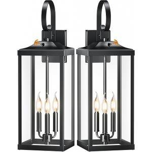 2 Packs 24" Extra Large Dusk to Dawn Light Fixture 3-Light, Black Outdoor Porch Lantern Wall Mounted, Waterproof Modern Outside Wall Sconce Coach Lamp with Tempered Glass for House, E12