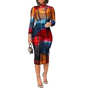 Women Sexy See Through Sheer Mesh Bodycon Midi Dress Long Sleeve Skirt 3 Piece Outfits Set Floral Print Cover Up Multi S