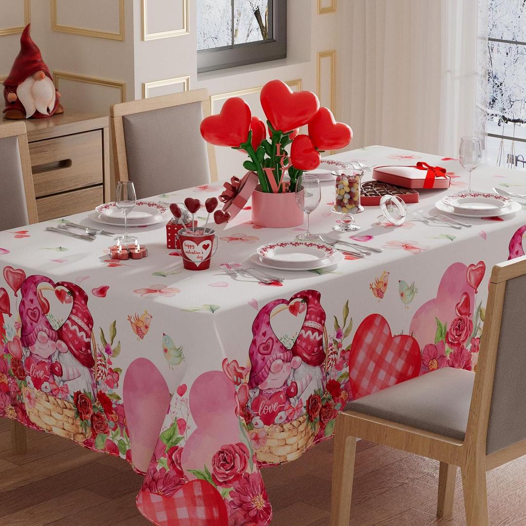 XCHI Love Hearts Roses Flowers Gnomes Valentine's Day Tablecloth Square Table Cloth Washable Table Covers for Indoor Dining Home Party Decorations 60x60 Inch
