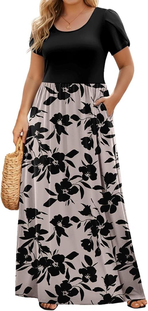 IN'VOLAND Plus Size Maxi Dresses for Women Summer Petal Short Sleeve Dress Casual Loose Flowy Long Sundress with Pockets, Size 2X