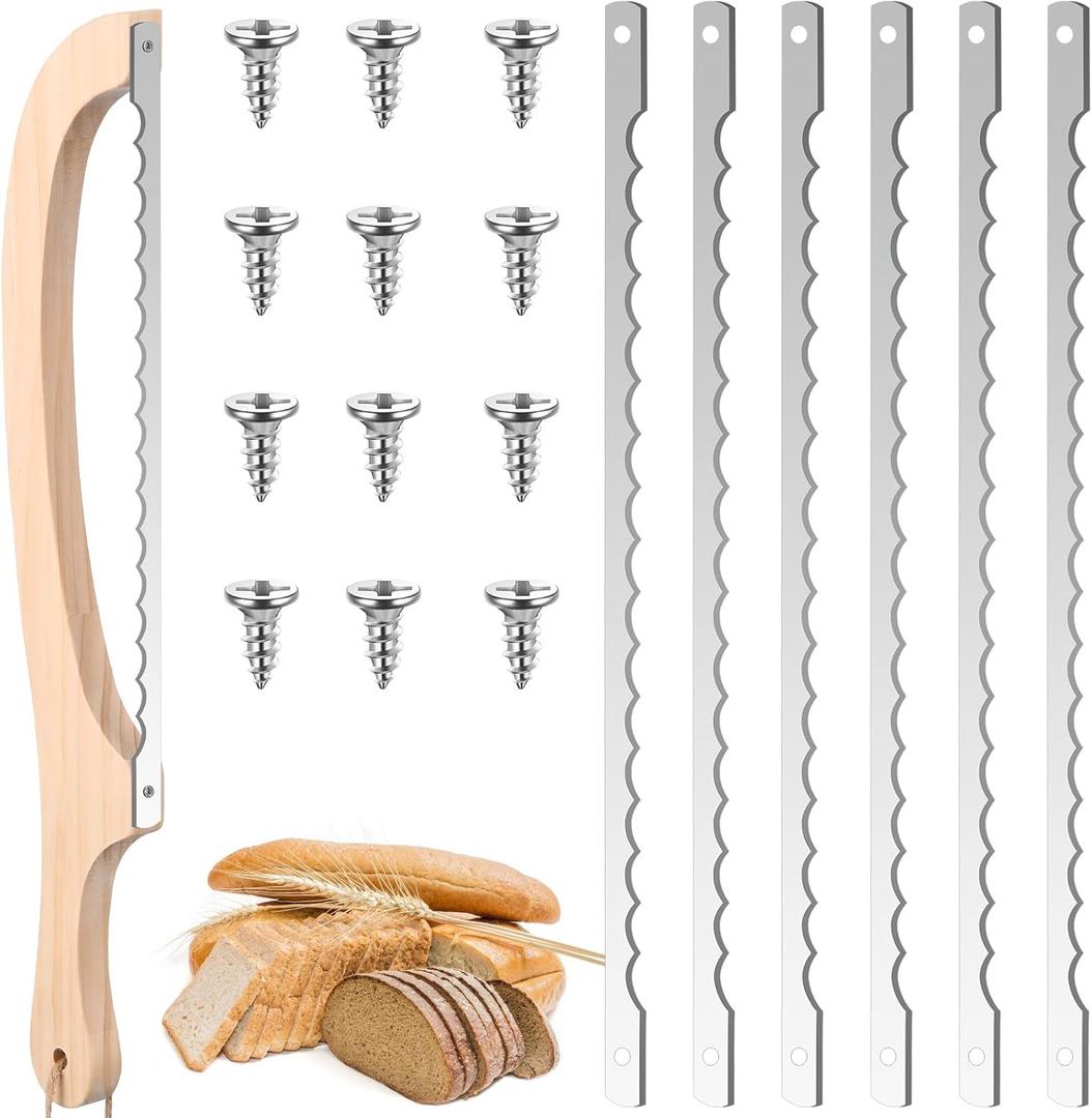 16'' Bread Knife for Homemade Bread Wooden Serrated Knife with 6 Pcs Extra Stainless Steel Serrated Blades Sourdough Cutter for Bagels and Baguettes