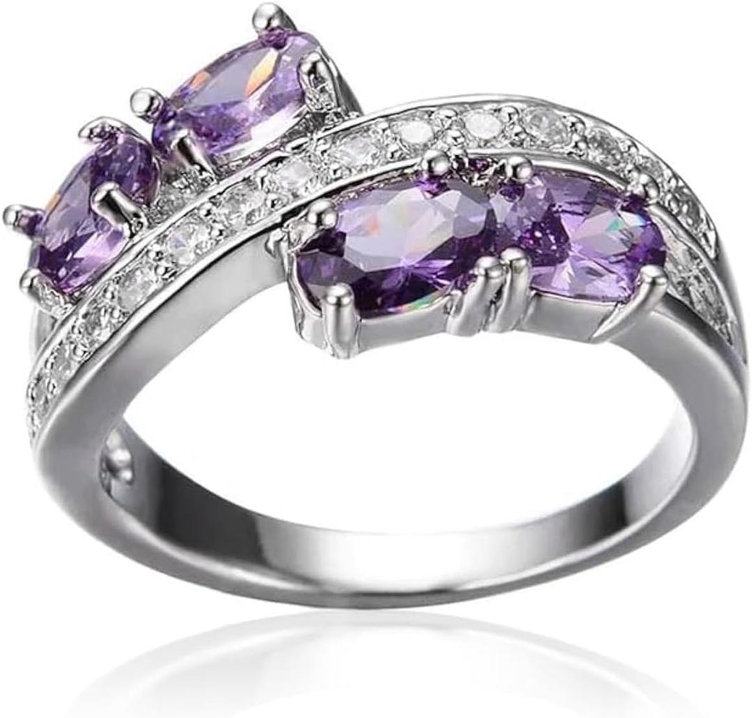 Purple Ring 925 Silver Cubic Zirconia Engagement Rhinestone Rings for Women CZ Diamond Ring Cocktail RingPurple Amethyst Bridal Round Cut Wedding Engagement Eternity Valentine's Promise Ring 7