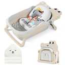 MoreFeel Collapsible Baby Bathtub for Newborn with Thermometer & 1 Hooded Towel & 1 Soft Floating Cushion,Portable Travel Bathtub with Drain Hole, Durable Foldable Baby Tubs for Infants to Toddler (Beige)