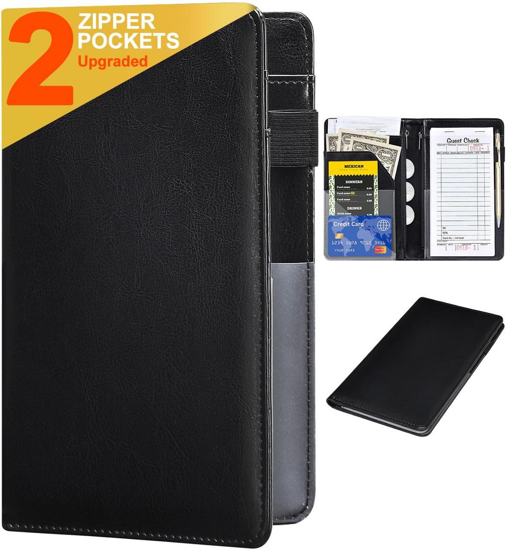Server Books for Waitress - Leather Waiter Book Server Wallet with Zipper Pocket, Cute Waitstaff Organizer with Money Pocket Fit Waitress ApronClassic Black