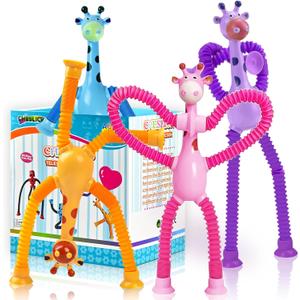 Giraffe Sensory Toys 4Pcs Gift for Toddlers Girls Year Old Ages 3 4 5 6 7 8 9 10, Suction Autism Toy Pop Tube Fidget Toys Autistic Travel Toys Stocking Easter Basket Stuffer Valentine Gift for Kids