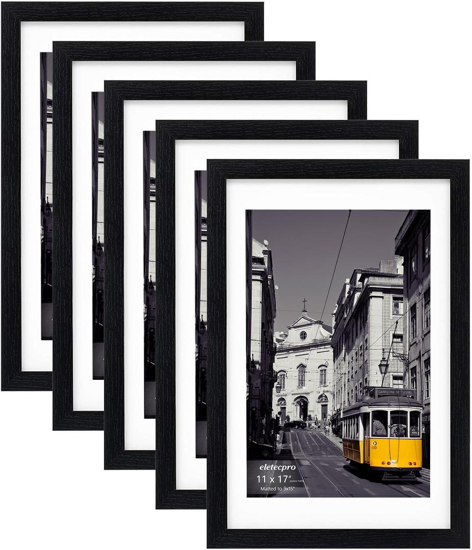 eletecpro 11x17 Picture Frames Set of 5, Gallery wall frame Display 9x15 Photo with Mat or 11x17 without Mat, Picture Frame Collage Wall Decor for Wall Mounting, Black