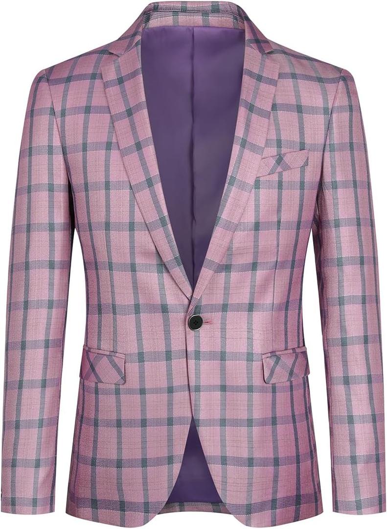 Boyland Men's Casual Suit Blazer Jackets Lightweight One Button Sport Coats Plaid Blazer (X-Large, Purple&Pink)