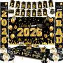 Crenics Black and Gold Graduation Decorations - Class of 2026 Backdrop, Banner, Tablecloth, Porch Banner, Haning Swirls, Honeycomb Centerpieces and Balloons for Graduation Party Supplies