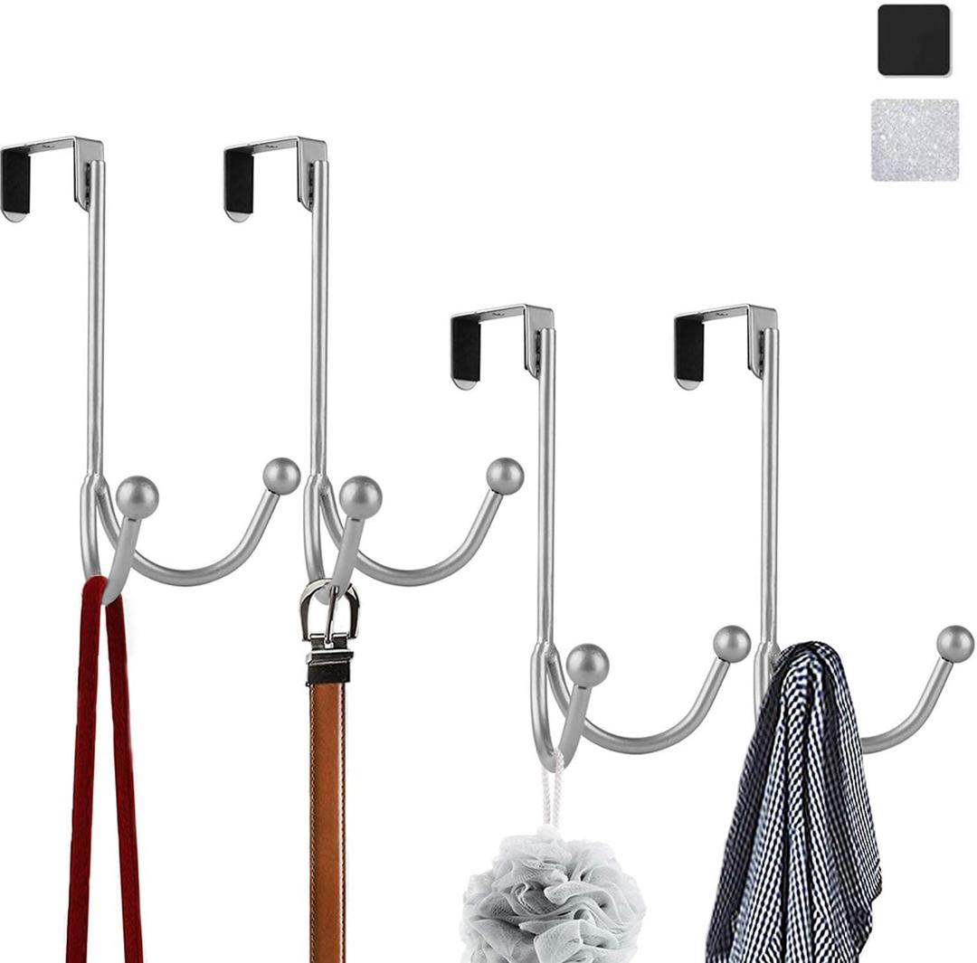 HFHOME 4Packs Over The Door Double Hanger Hooks, Metal Twin Hooks Organizer for Hanging Coats, Hats, Robes, Towels- Silver