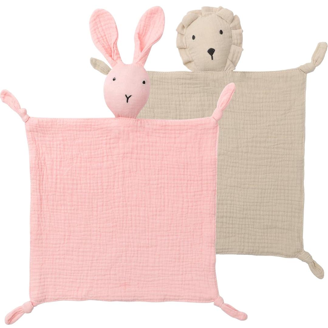 Premium Soft Muslin Cotton Bunny & Lion Loveys Soft Breathable Newborn Security Blanket, Perfect Present for Baby Newborns, Toddlers Boy Girl, Neutral Fabric for Comfortable Sleep & Play (Lion Khaki + Rabbitpink)