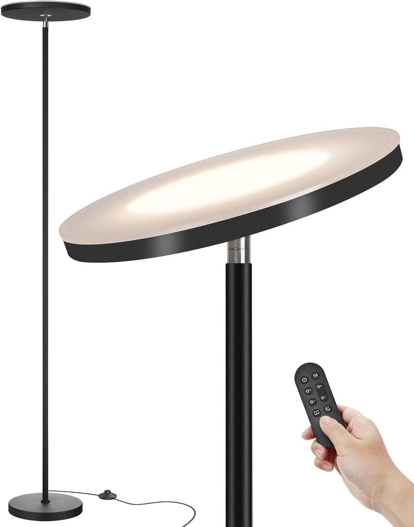 JOOFO LED Floor Lamp  Super Bright Torchiere with Remote & Foot Switch, Stepless Dimmable Tall Standing Lamp, 69" Modern Pole Light for Corner, Living Room, Bedroom, Reading, Office (Black SE)