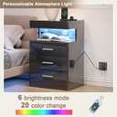Treocho Led Nightstand with Hidden Space, Modern Night Stand with Charging Station, 3 Drawer Smart Nightstand with Glossy Finish, Tall Bedside Table with RGB Lights for Bedroom, Black, 15.75 X 16.93 X 26.77 Inches