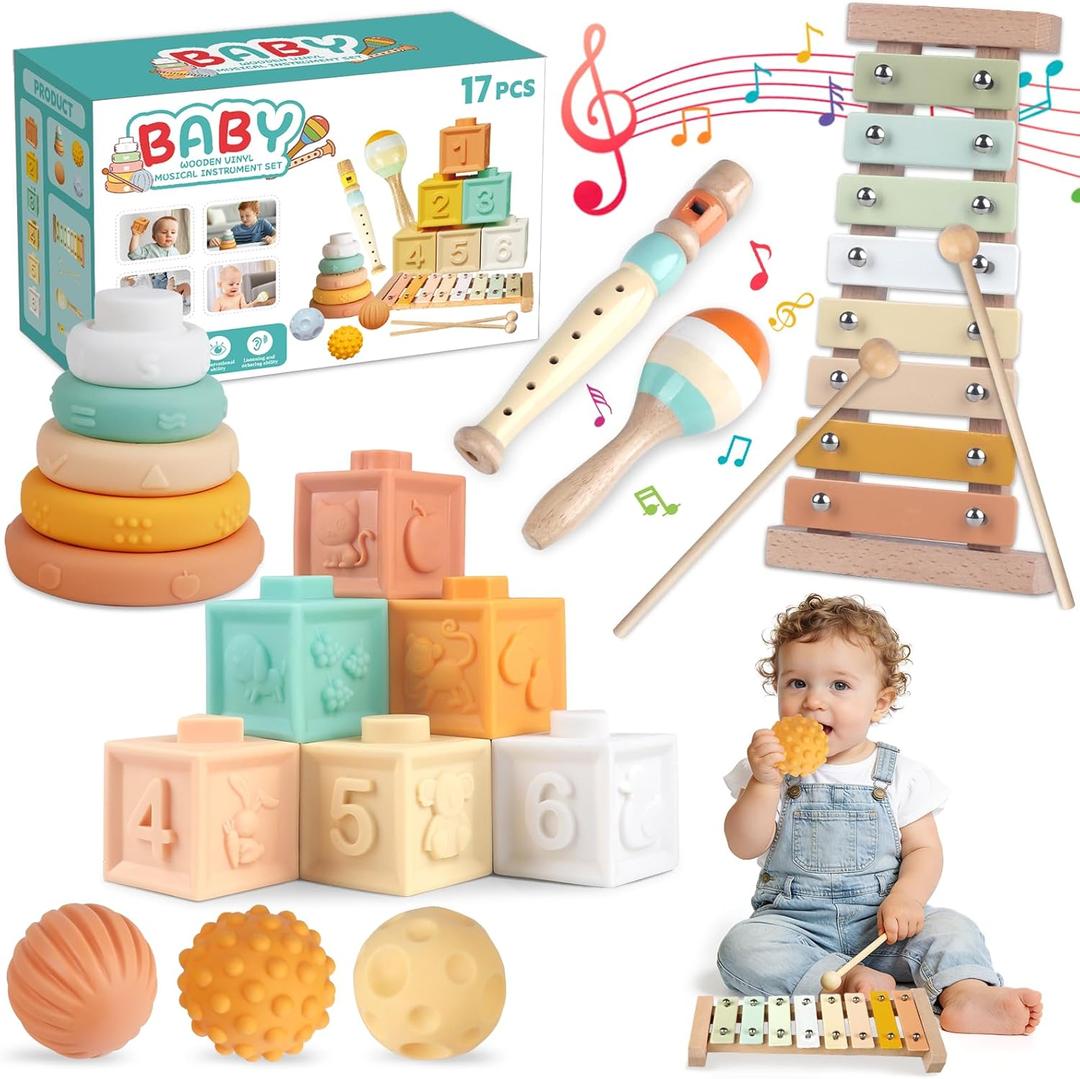 Montessori Toys 6 in 1 Musical Instruments for Toddler Stacking Blocks Development Learning Educational Toy with Wooden Xylophone Baby Birthday Gift