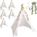 Kigley 6 Sets Teepee Tent Indoor Cotton Linen Teepee Play Tent with 6.6 ft Pink Fake Rose Vine Artificial Garland 10 ft Battery Operated String Lights for Room Decor(White)