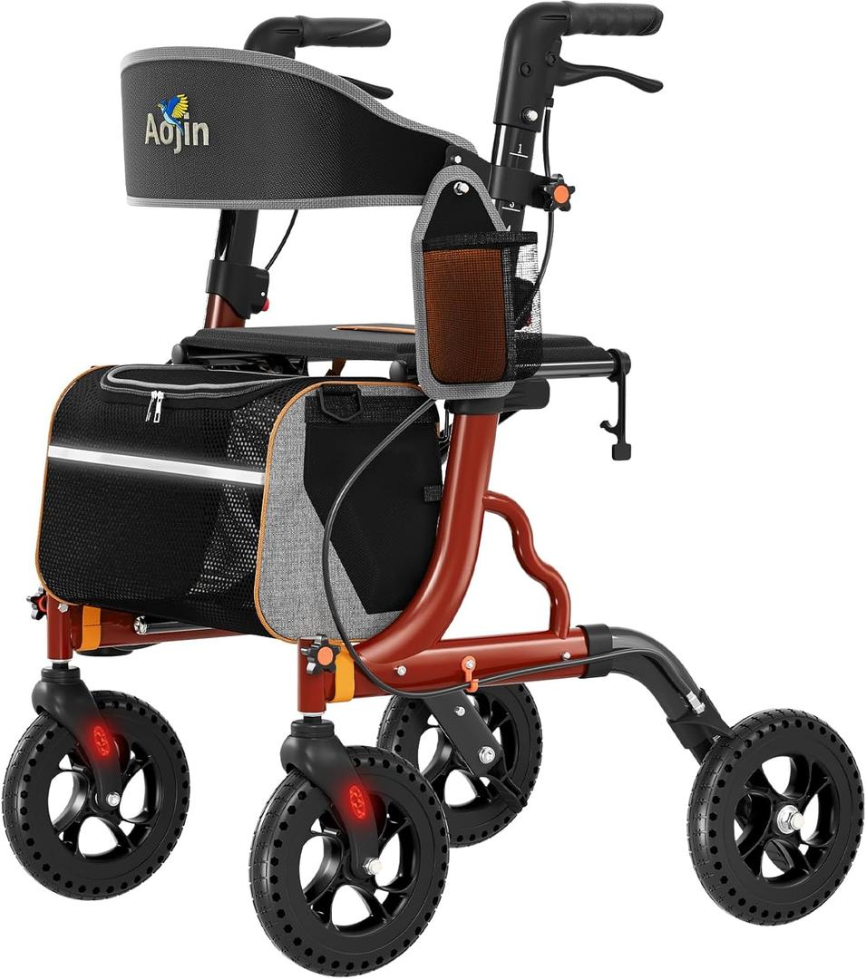Rollator Walkers for Seniors with Seat, Foldable Walkers for Seniors, 8" All-Terrain Wheels, 18" Big Seat, 6-Level Adjustable Height Rolling Walker, 350 lb, Walker for Seniors & Adults (Red)