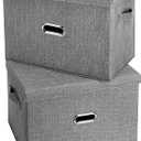 Large Linen Fabric Foldable Storage Bins with Removable Lid and Handles, Washable Storage Box Organizer Containers Baskets Cube with Cover for Bedroom, Closet, Office (Grey, Extra Large(2-Pack))
